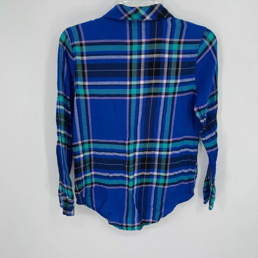 Justice Girl's Blue Plaid Long Sleeve Button Front School Shirt Top Size 14-16